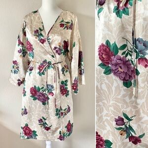 VINTAGE Satin Kimono Robe Tie Waist Floral Retro Glam Bridal Romantic Cream L
